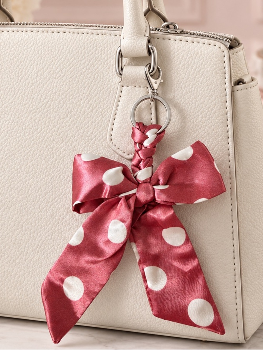 Cream Satchel with Removable Pink Polka Dot Bow Charm